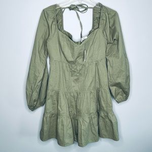 Idem Ditto Babydoll Dress - Light Olive Green Sweetheart neckline Ruffle MANGO